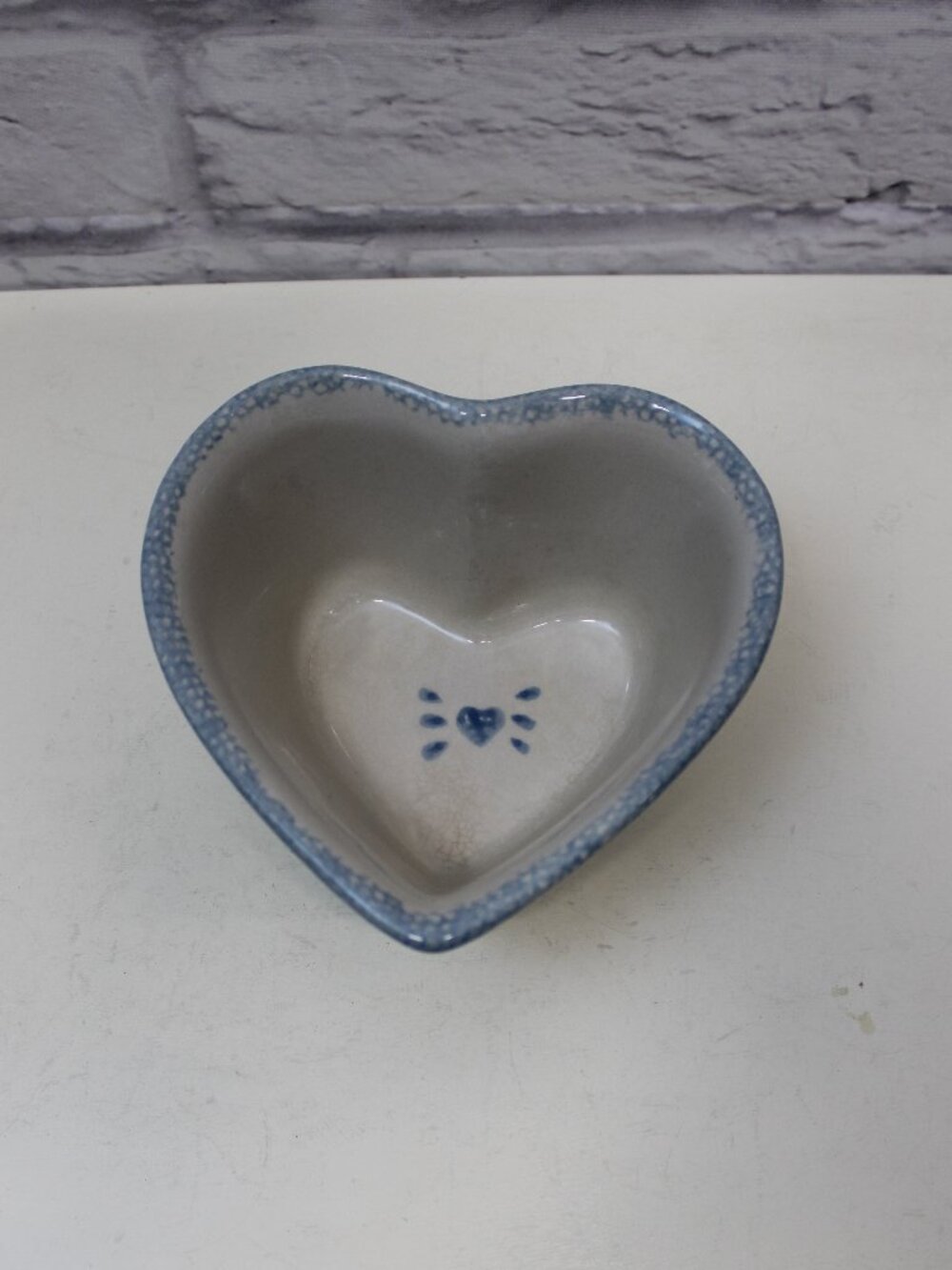Vintage Blue Cream Heart Shaped Stoneware Bowl Cottagecore Farmhouse Dainty